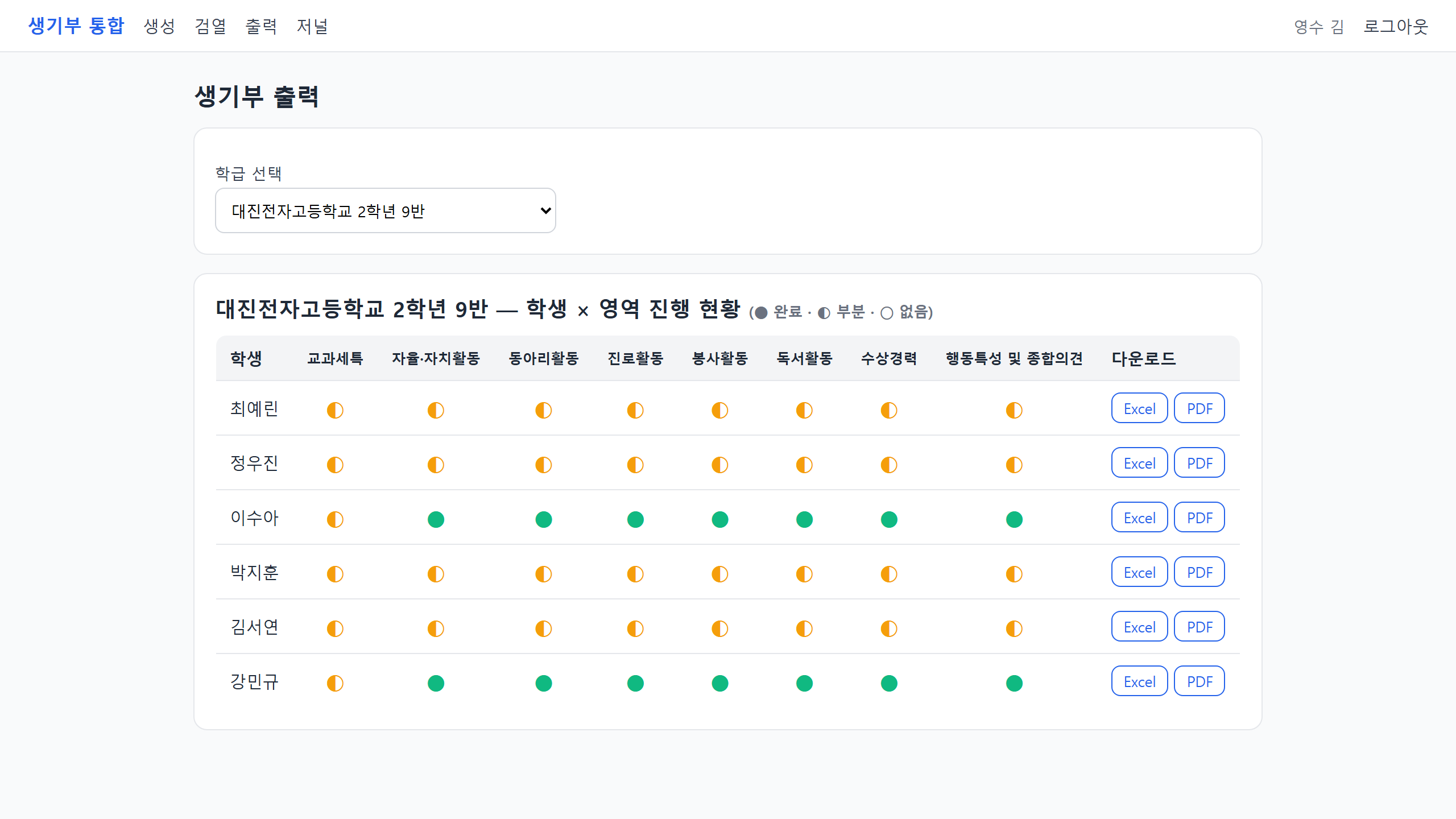 학급 진행 매트릭스
